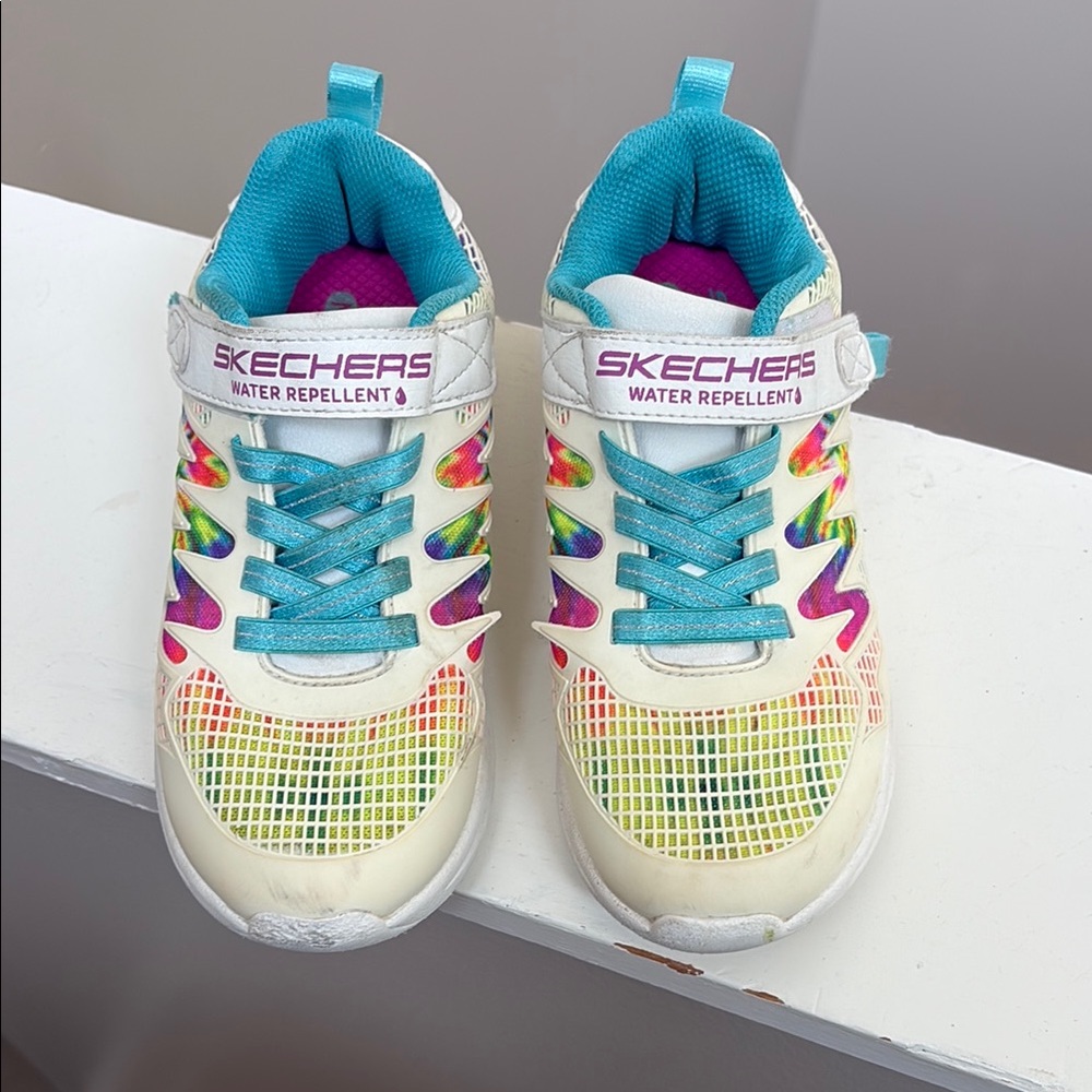 Skechers Kids White Rainbow Water-Repellent Sneakers with Teal Lining